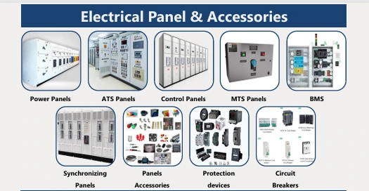 Electrical panels and accessories: power, ATS, control, MTS and synchronizing panels, BMS, protection devices and circuit breakers