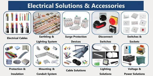 Electrical solutions and accessories: cables, earthing and lighting systems, surge protection, switches, sockets, conduits and power solutions
