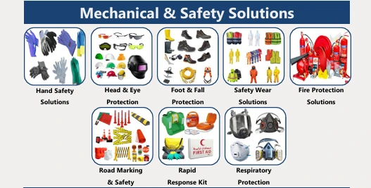 Mechanical and safety solutions: hand, head, eye, foot and fall protection, safety wear, fire protection and respiratory protection