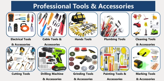Professional tools and accessories: electrical, cable, hand, plumbing, cleaning, cutting, drilling, grinding, painting and marking tools
